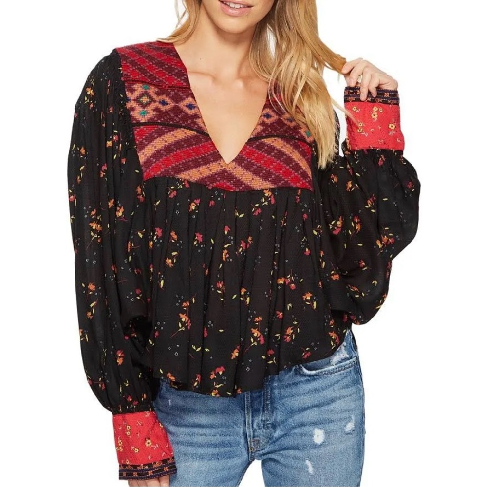 Free People Black and Red Floral Blouse